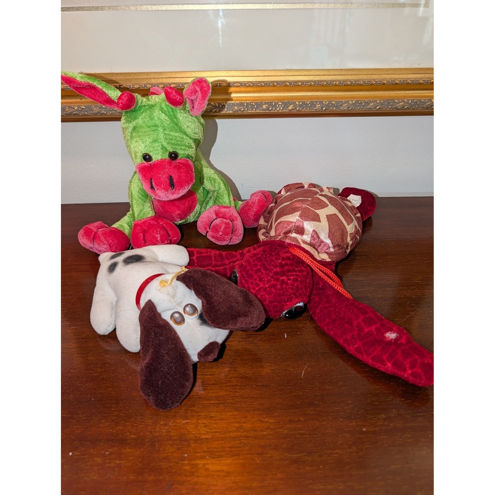 Mixed Plush Toy Lot Green Drago Red Turtle White Spotted Dog 3 Piece Set
